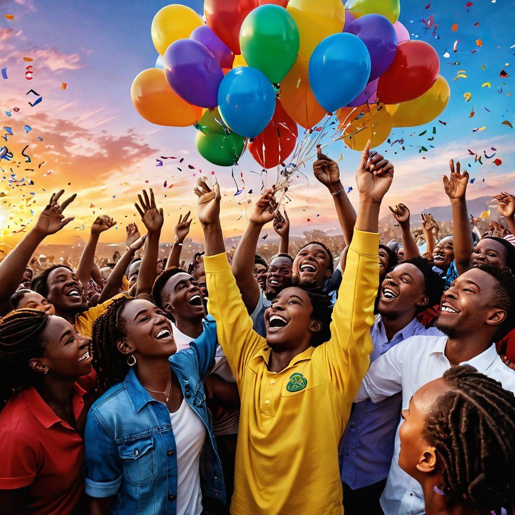 A joyful and vibrant scene depicting a diverse group of enthusiastic fans gathered around Simon, who is at the center celebrating. Balloons and confetti fill the air, with smiles and laughter evident on everyone's faces. The background features a dazzling sunset that symbolizes hope and happiness, with musical notes and artistic elements swirling around. Bright colors and dynamic expressions convey an atmosphere of elation and unity. super-realistic. vibrant colors. 3D.