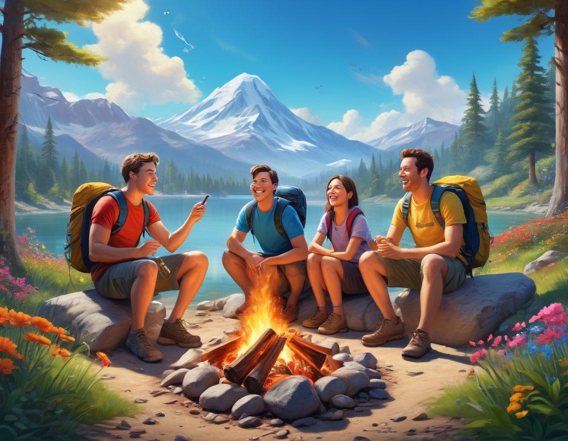 A vibrant and colorful scene depicting an adventurous outdoor setting where Simon's enthusiastic squad is joyfully engaging in activities like hiking and laughing together. Show diverse characters with radiant smiles and positive body language, surrounded by nature, bright flowers, and a blue sky. Convey a sense of friendship and excitement, with elements like a campfire and musical instruments in the background. super-realistic. vibrant colors.