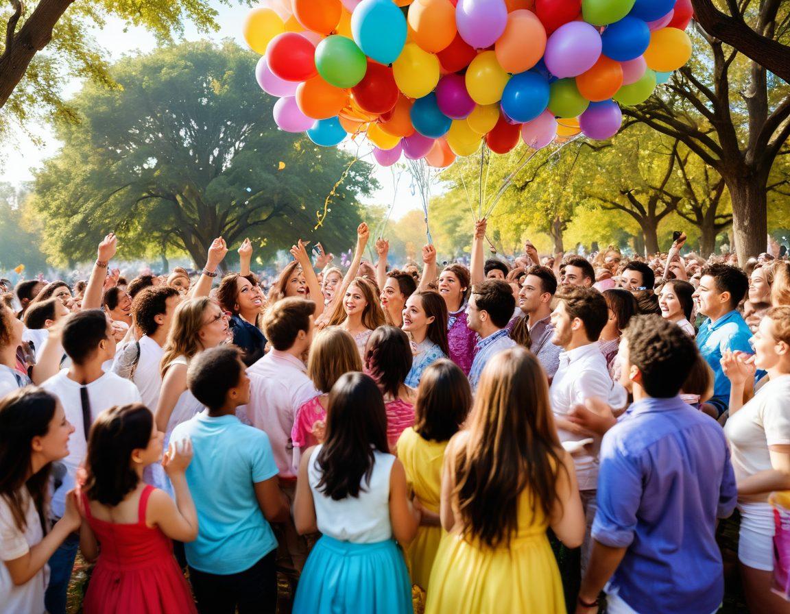 A vibrant gathering of diverse fans in a colorful park, joyfully celebrating with balloons, whimsical costumes, and sharing laughter. Include elements like a giant cake and playful games to show togetherness and happiness. The atmosphere should be filled with animated expressions, confetti falling, and a sunny backdrop to evoke warmth and excitement. super-realistic. vibrant colors. lighthearted and playful.